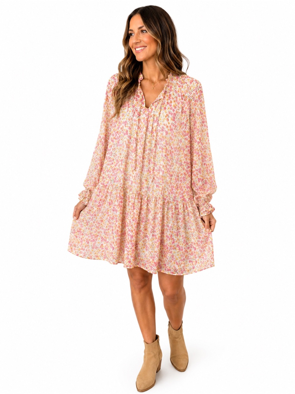 Everly Pink Floral Long-Sleeve Mini Dress